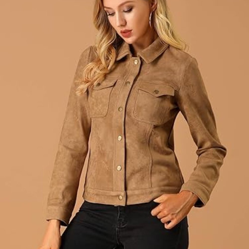 Allegra K Women's Turn-Down Collar Flap Pockets Snap Button Faux Suede Jacket